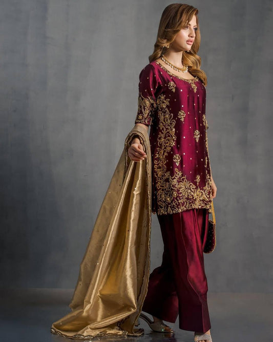 Maroon & Gold Embroidered Festive Ensemble