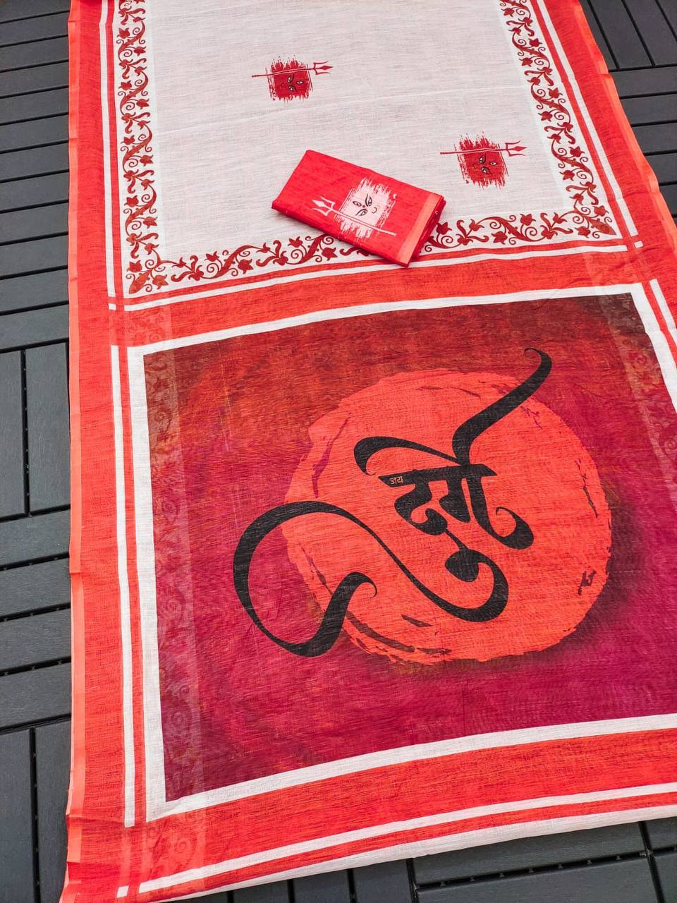 Puja Collection – Devika Digital Print Linen Saree with Blouse