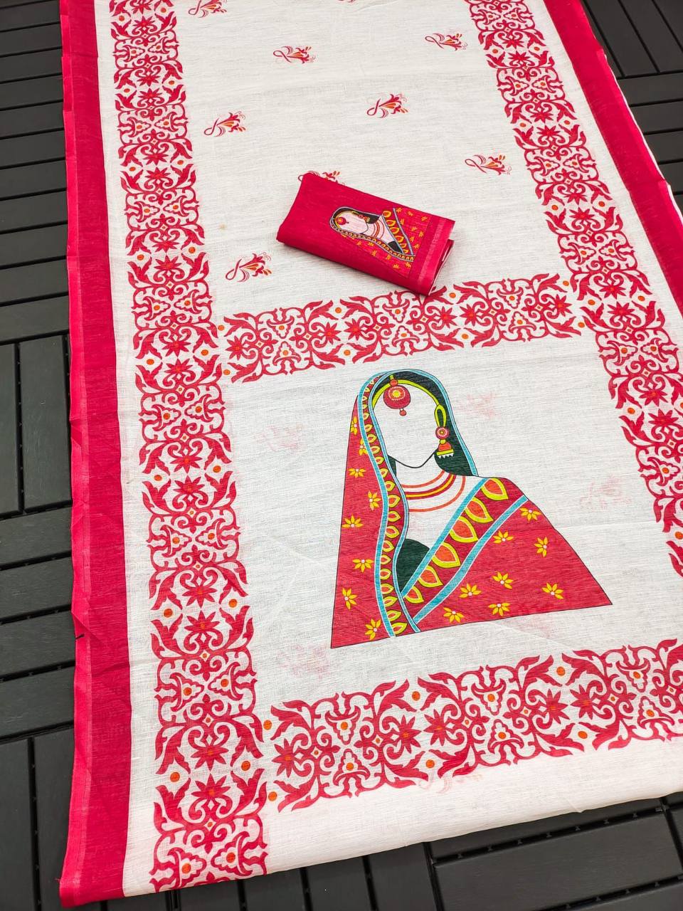 Puja Collection – Devika Digital Print Linen Saree with Blouse