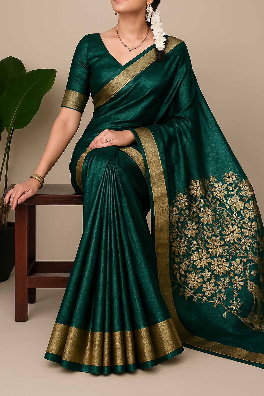 Emerald Grace – Handwoven Silk Saree with Golden Zari Bloom