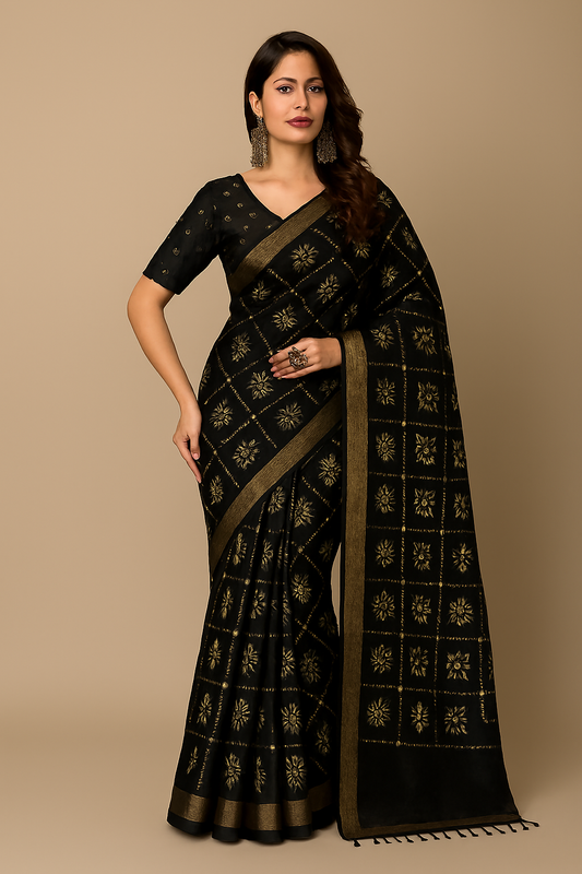 Noir Sutra – Black Saree with Heritage Motifs & Gold Accents