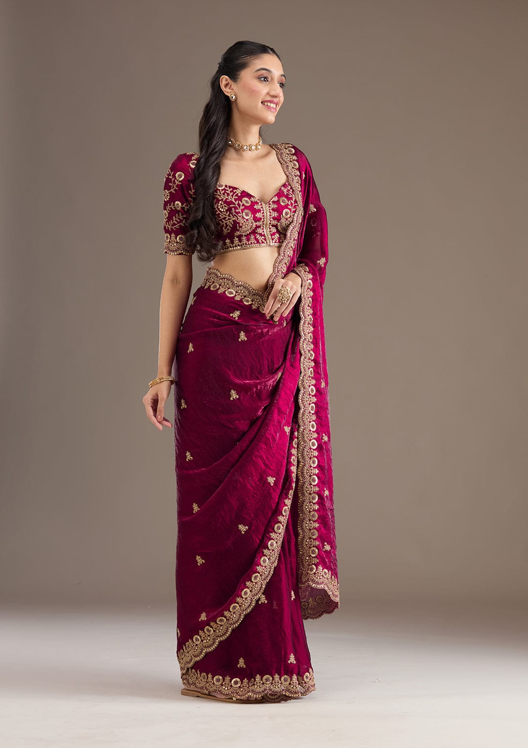 Fandy Satin Silk Saree with Sequin & Jari Dori Embroidery and 80-Cutwork Border