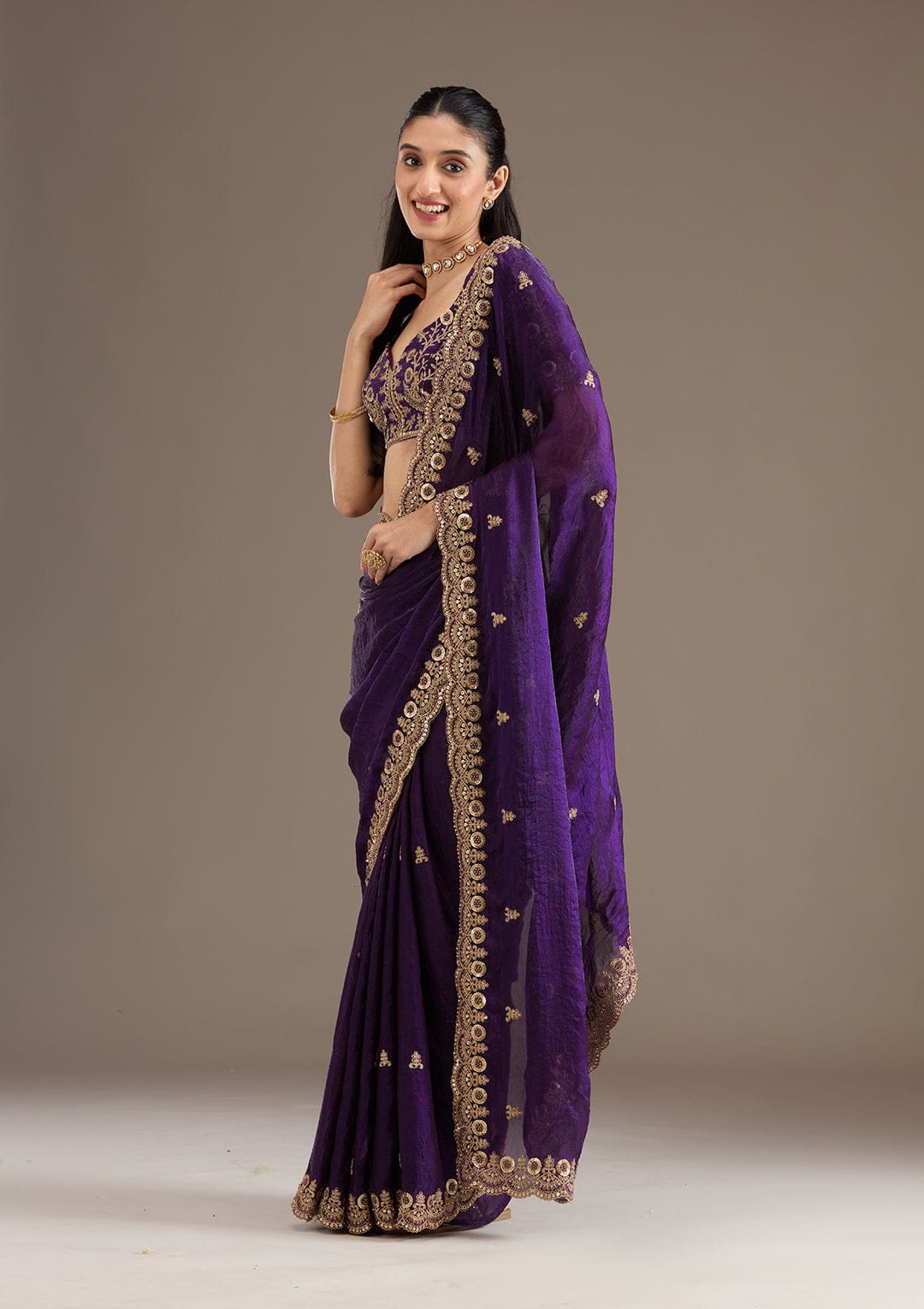 Fandy Satin Silk Saree with Sequin & Jari Dori Embroidery and 80-Cutwork Border