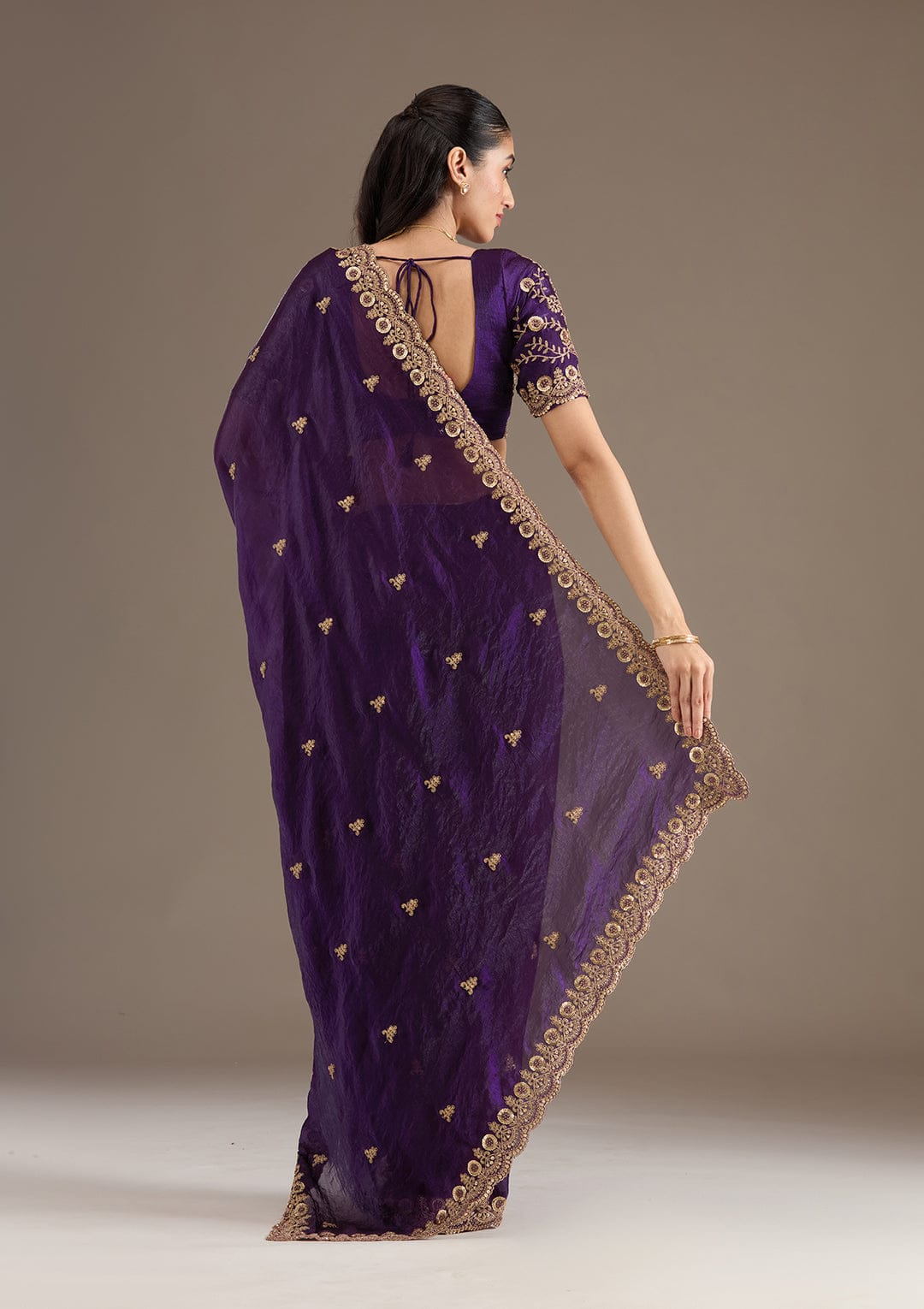 Fandy Satin Silk Saree with Sequin & Jari Dori Embroidery and 80-Cutwork Border