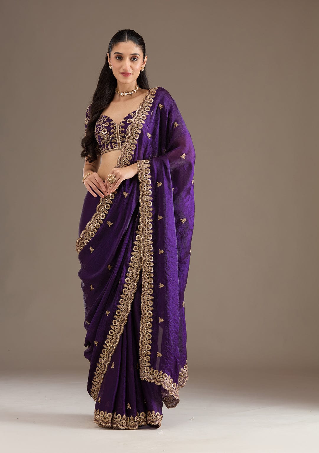 Fandy Satin Silk Saree with Sequin & Jari Dori Embroidery and 80-Cutwork Border