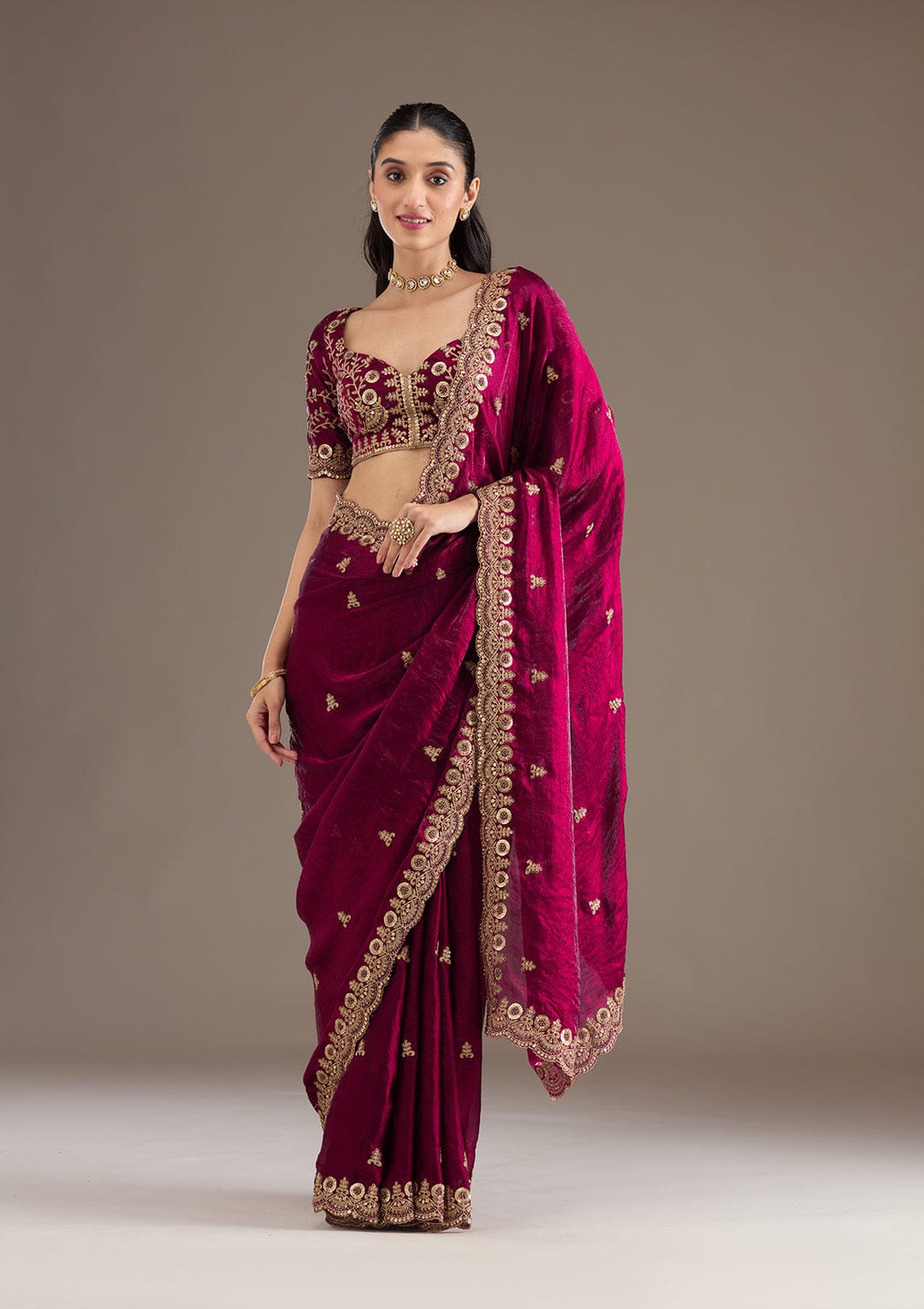 Fandy Satin Silk Saree with Sequin & Jari Dori Embroidery and 80-Cutwork Border