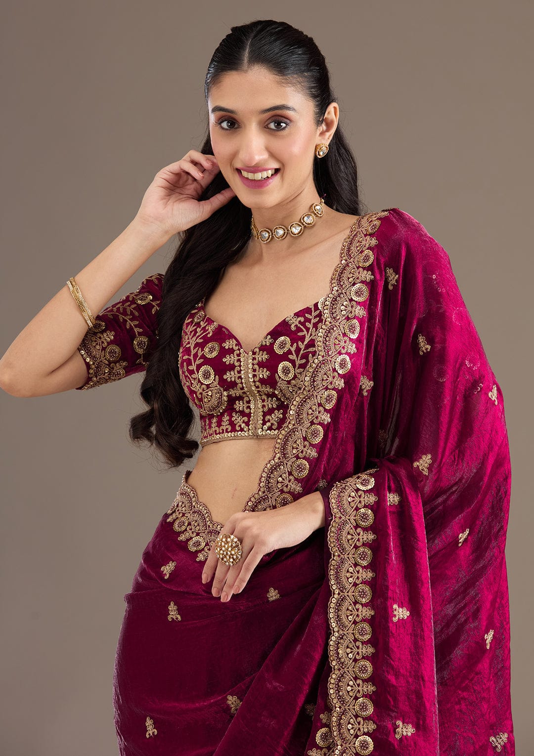 Fandy Satin Silk Saree with Sequin & Jari Dori Embroidery and 80-Cutwork Border