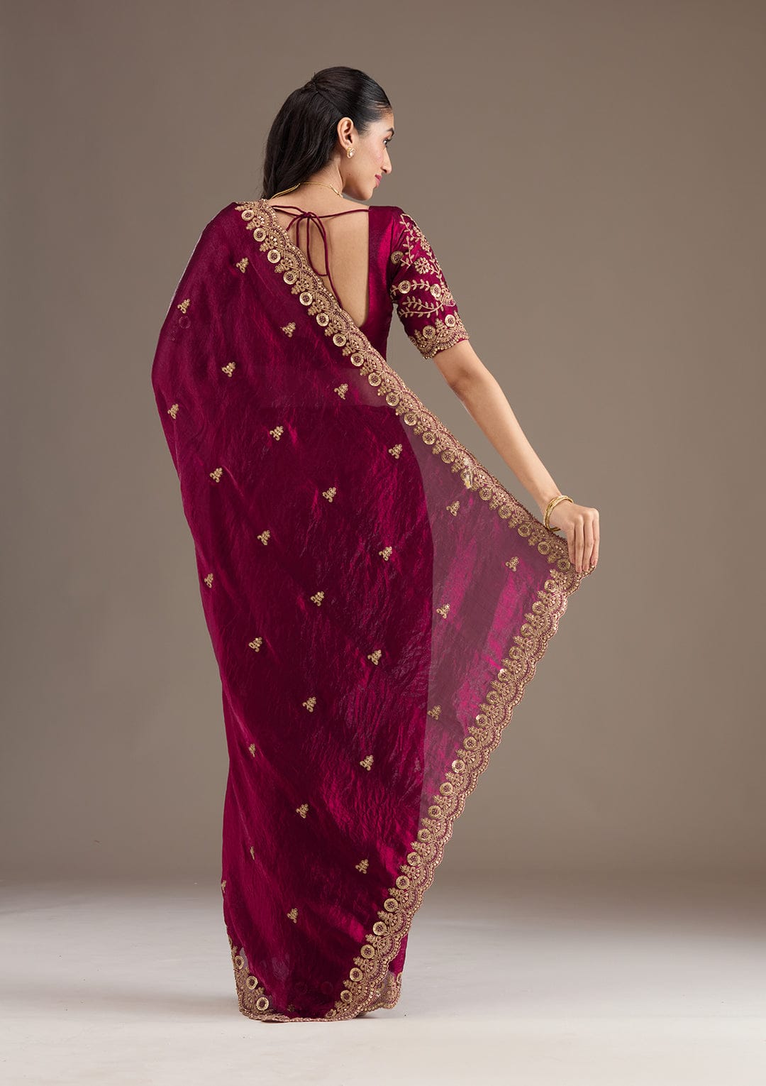 Fandy Satin Silk Saree with Sequin & Jari Dori Embroidery and 80-Cutwork Border