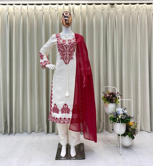 Classic White Kurta with Maroon Dupatta & Embroidery