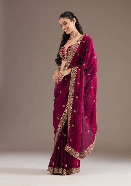 Fandy Satin Silk Saree with Sequin & Jari Dori Embroidery and 80-Cutwork Border